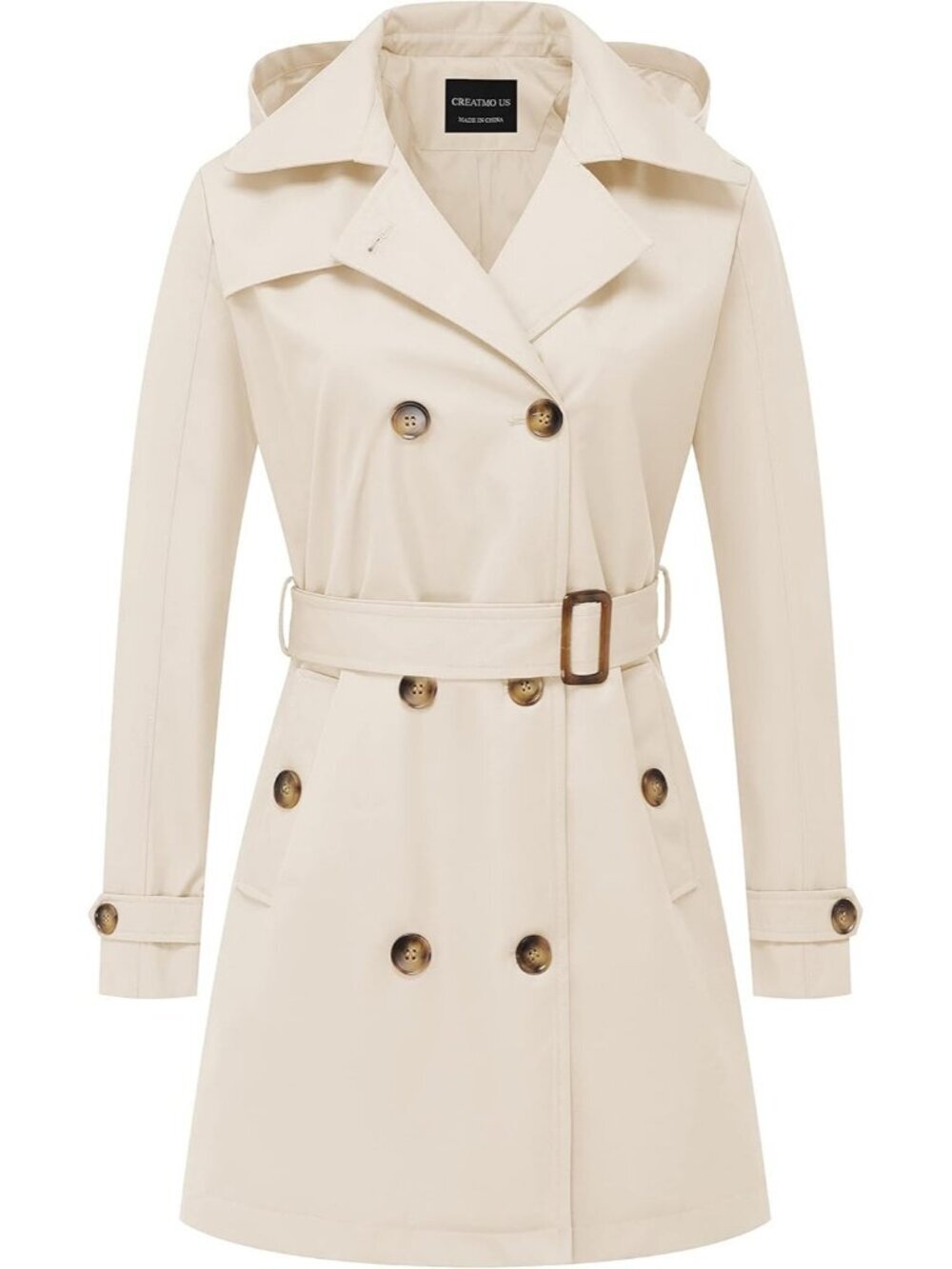 Women's Polyester Double Breasted Belted Detachable Hood Trench Coat